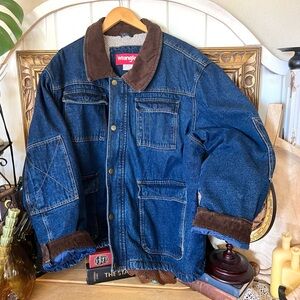 Vintage WRANGLER SHERPA LINED DENIM BLUE JEAN work Barn Jacket Chore Coat